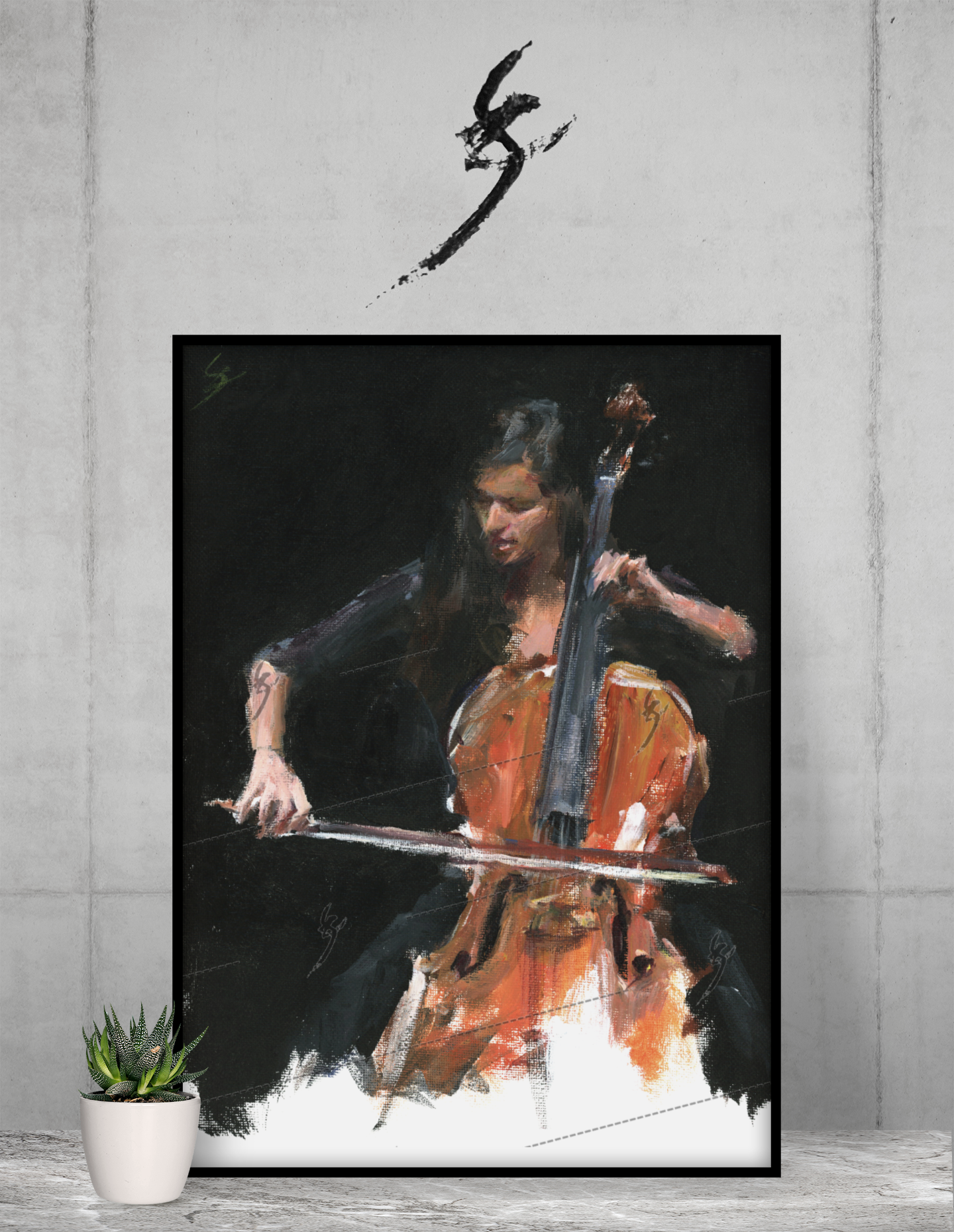 "Virtuoso" Alla prima painting of a cellist. Framed poster