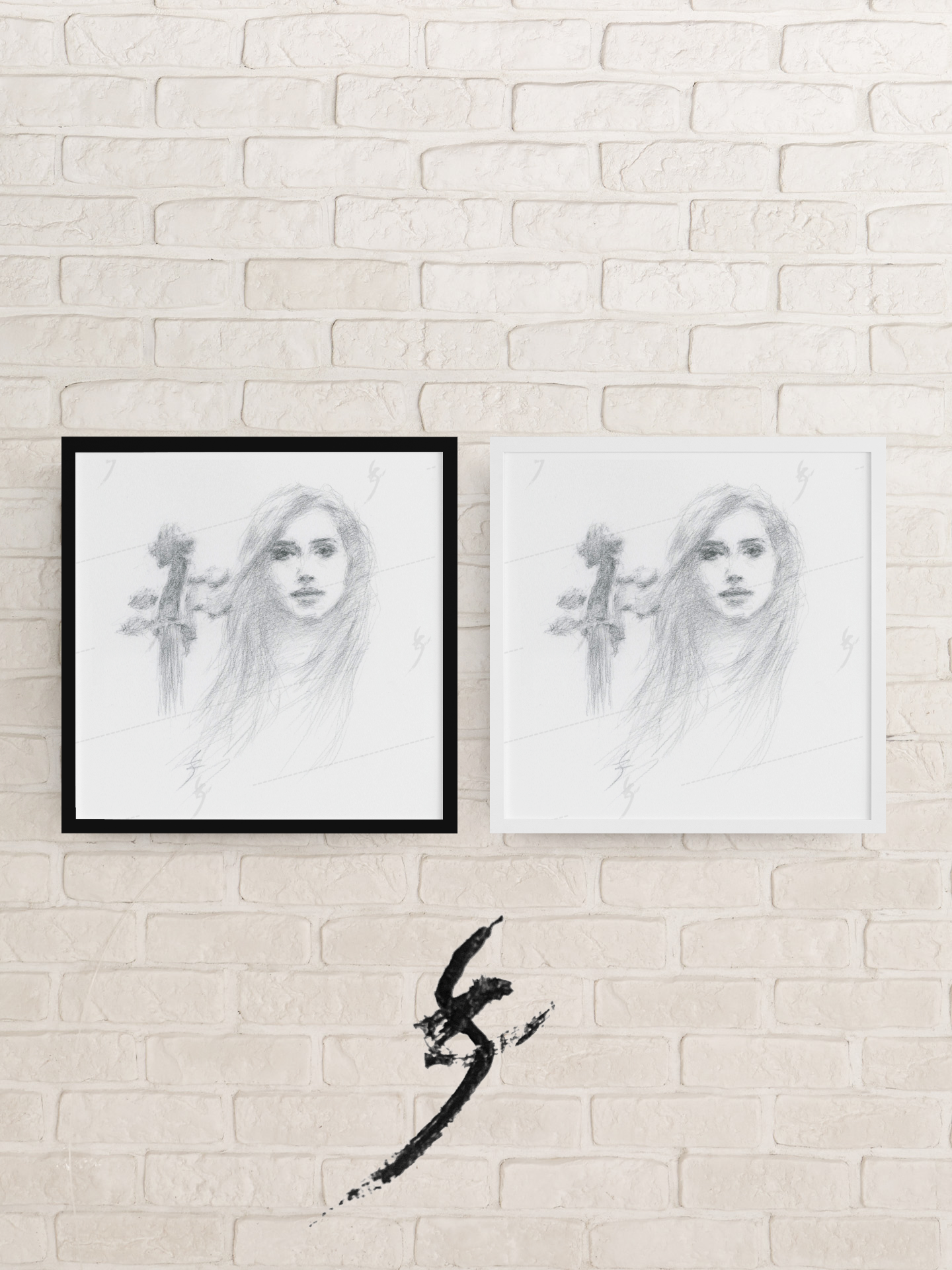 "Woman and Her Cello" pencil drawing Framed poster