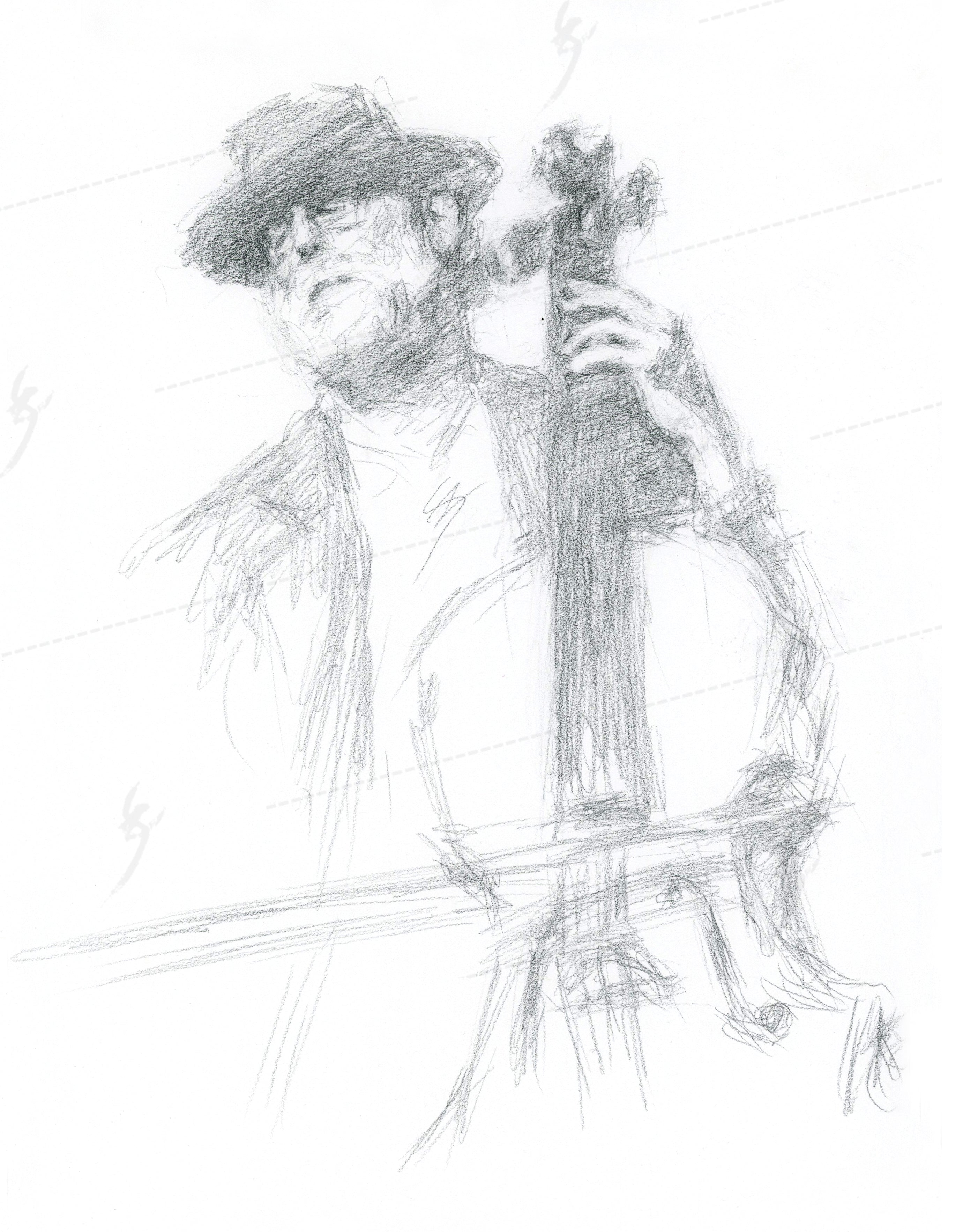 "Snazzy Cellist" Bubble-free sticker of pencil drawing