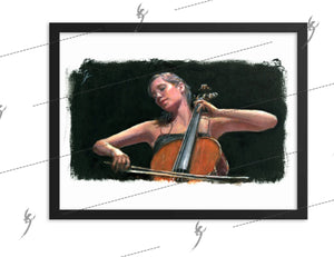 "Soliste" painting of a cello player. Framed print