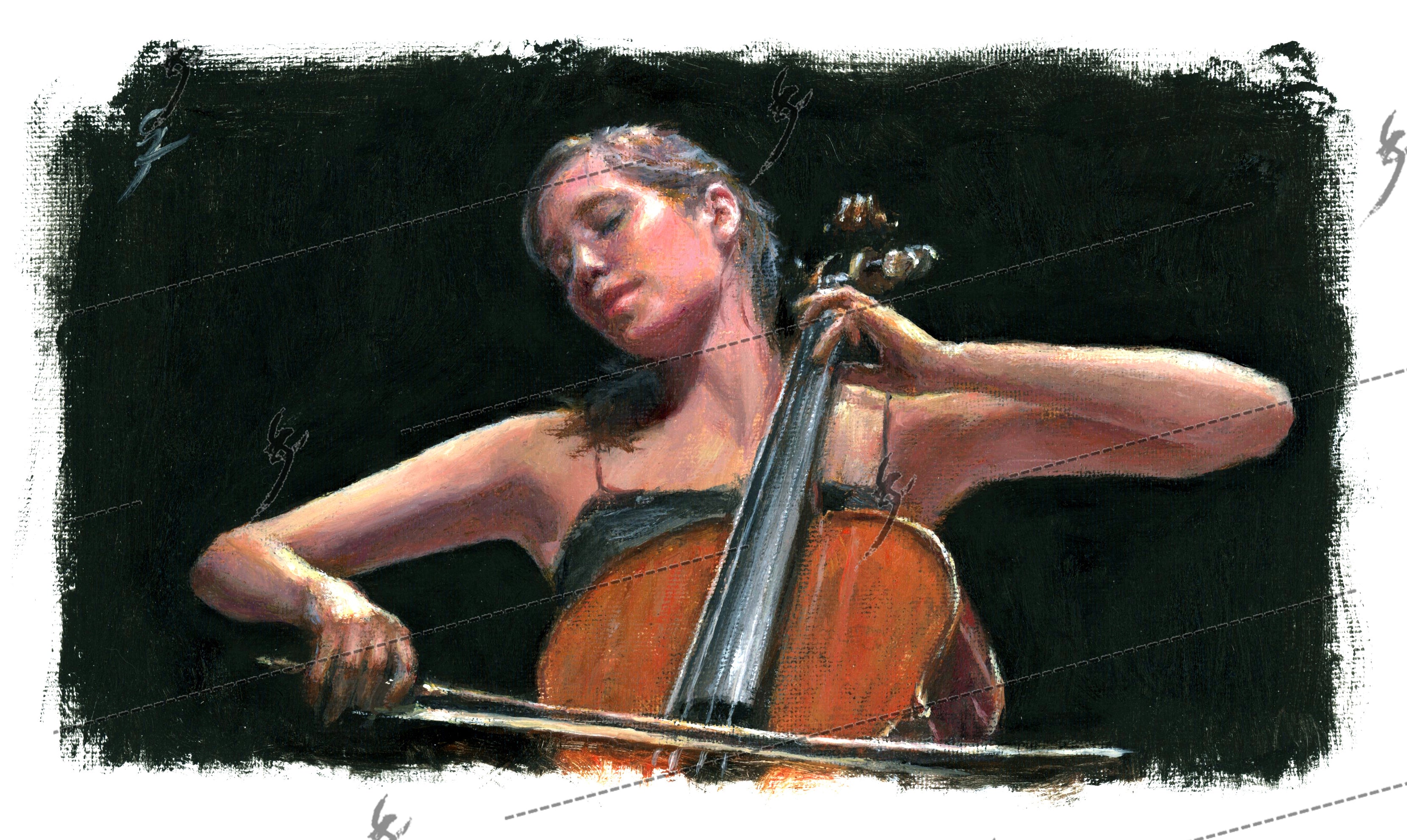 "Soliste" painting of a cello player. Bubble-free stickers
