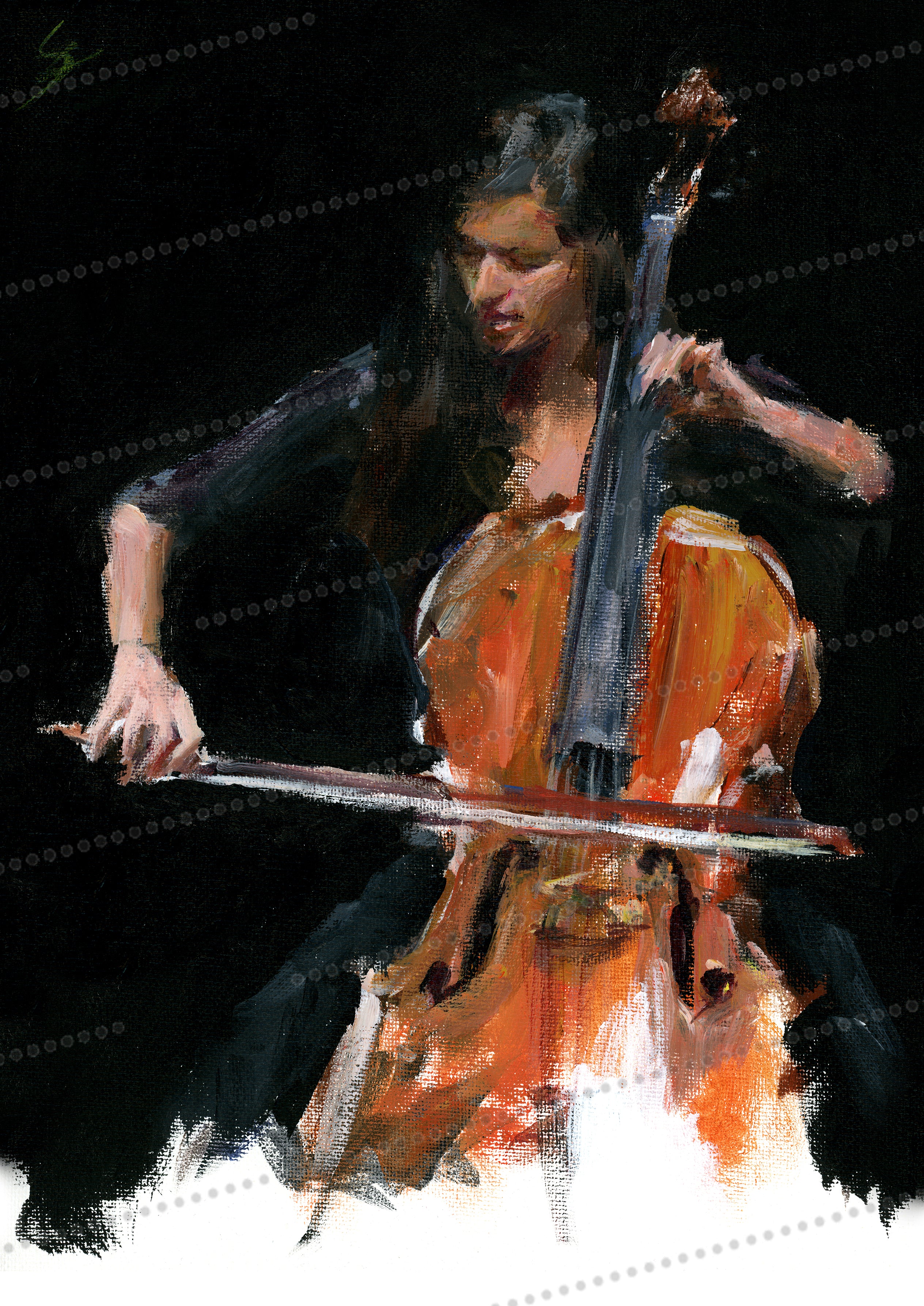 "Virtuoso" Alla prima painting of a cellist. Framed poster