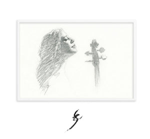 "Woman and Her Cello 2"-pencil drawing-Framed print
