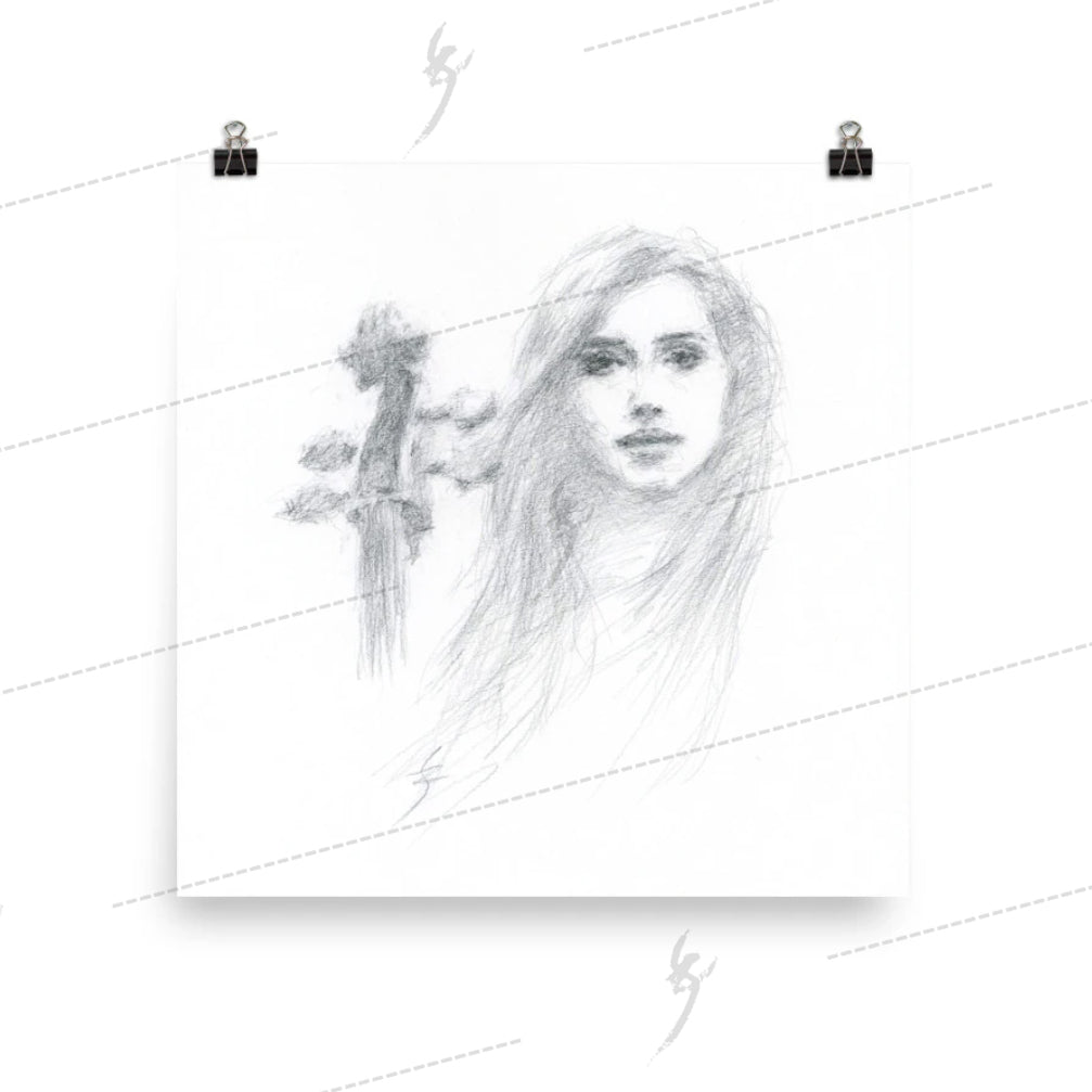 "Woman and Her Cello" pencil drawing Poster