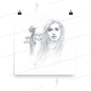 "Woman and Her Cello" pencil drawing Poster